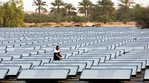 Getty Images A man stands amid a field of hydropanels in UAE (Credit: Getty Images)