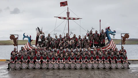 Andrew J Shearer/Getty Images As part of the festivities, volunteers build a Viking galley that is paraded through the streets and ceremonially burned (Credit: Andrew J Shearer/Getty Images)