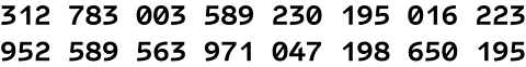 31 27 83 00 35 89 23 01 95 01 62 23 95 25 89 56 39 71 04 71 98 65 01 95