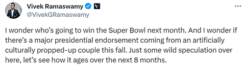 A tweet about the Super Bowl being rigged and Taylor Swift influencing the American election