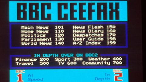 The 鶹ҳ's Ceefax service index, showing white text on black background.