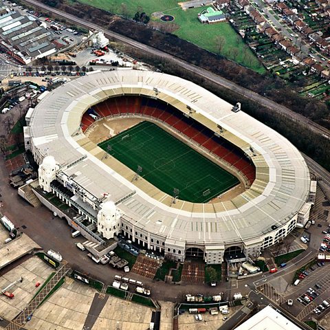 An aerial picture of the old Wembley Stadium.