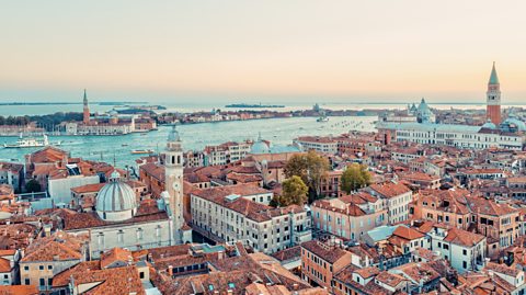 An aerial photograph of the Italian city of Venice.