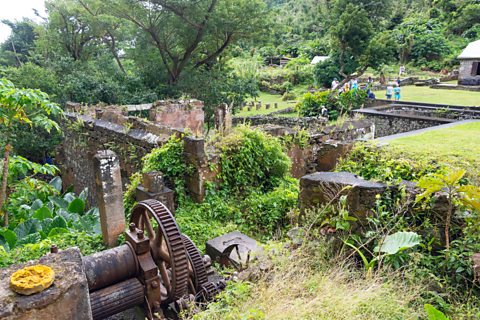 Ruined buildings with greenery growing out of them and large rusted machinery