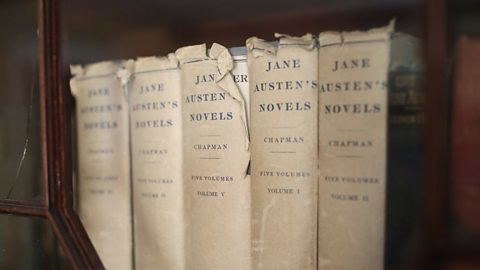 A set of Jane Austen books on a shelf