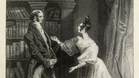 An illustration of a man and a woman dancing together in front of books.