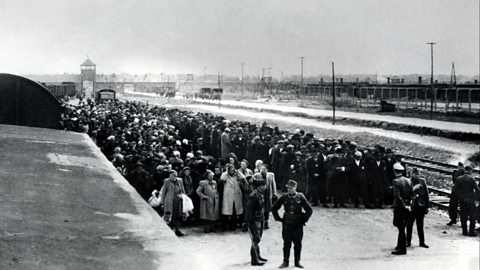 Hungarian Jews arriving at Birkenau station in Auschwitz-Birkenau, in German-occupied Poland, June 1944