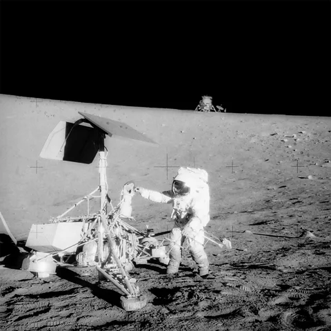 Nasa Surveyor 3 was inspected by astronauts from Apollo 12 and was found to have been “sandblasted” by dust kicked up by the lander touching down (Credit: Nasa)