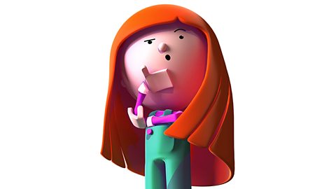 Cartoon girl orange hair, in green overalls, in a thinking pose