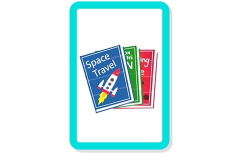 An illustration of three different books, including a blue space travel book with a rocket on the front. 