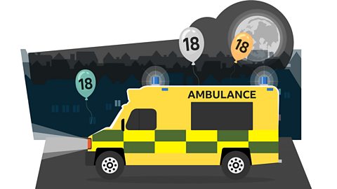 An ambulance at night with balloons saying '18'