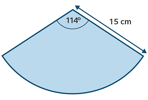 An image of the net of a cone from a sector of a circle with a radius of 15cm. The angle of the net of the cone is indicated as 114 degrees.