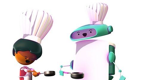 A boy and a robot chef cooking