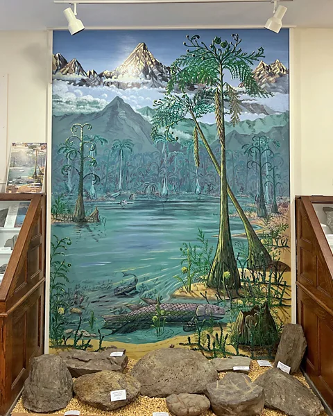 Hillary Richard In the Gilboa Museum, a painting by Kristen Wyckoff depicts Devonian-era New York with Eospermatopteris trees (Credit: Hillary Richard)