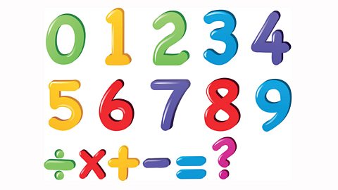 A graphic with multicoloured numbers from zero to nine in two rows, and the multiplication, division, add, subtract, equals and question mark symbols underneath. 