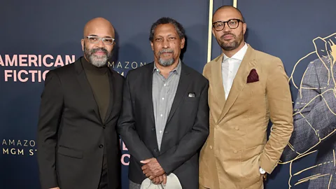 Getty Images The film's core trio – Wright with author Percival Everett and writer/director Cord Jefferson (Credit: Getty Images)