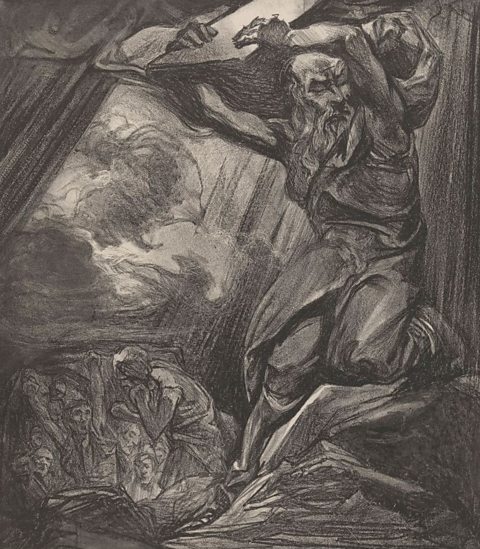 Moses throws down a stone tablet in anger at the idolatry of the Israelites