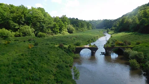 OPP Sélune, Univ Paris Nanterre/SMBS Dam removal on the Sélune river, in France, revealed a 100-year-old bridge (Credit: Observatoire photographique des paysages de la Sélune, Université Paris Nanterre et SMBS)