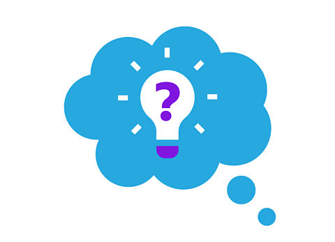 A thought bubble - Inside is a lightbulb with a question mark in the middle.