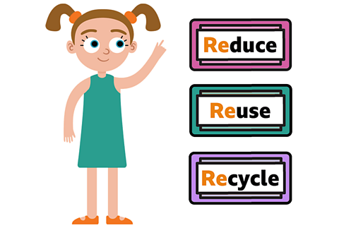 An illustration of a young girl pointing at three colourful blocks which say. reduce, reuse and recycle.