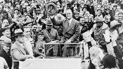 Franklin D. Roosevelt, campaigning for President against Herbert Hoover. 