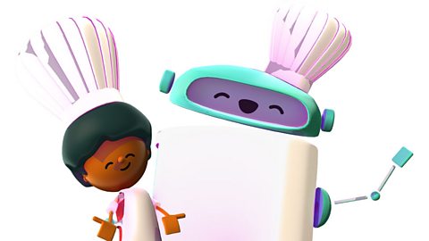 A robot wearing a chef's hat and an apron in front of a colourful background