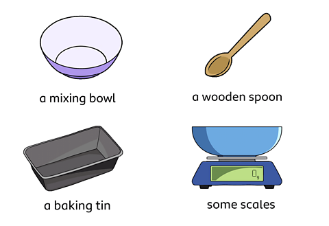 An illustrated mixing bowl, wooden spoon, loaf tin and digital scales