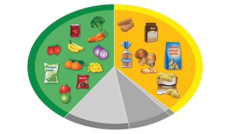 A circle with green segment containing a selection of fruit and vegetables and a yellow segments containing bread, pasta, potatoes, rice and cereal