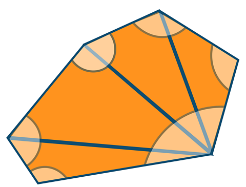 An image of an orange hexagon, with a purple outline. Its six angles are highlighted.