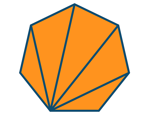 An image of an orange heptagon or septagon with purple outline. The heptagon is split into five triangles.