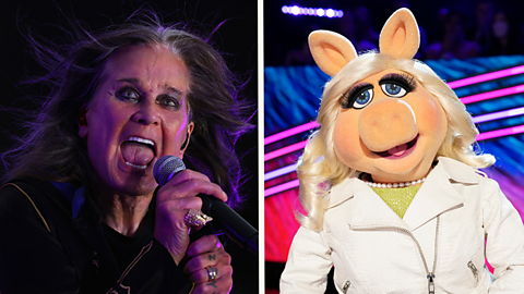 On the left, Ozzy Osbourne sings into a microphone. On the right Miss Piggy wears a beige coat and green top. 