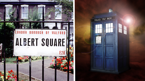 On the right a street sign that reads 'London Borough of Walford, Albert Square, E20. On the right is a picture of a blue postbox in space,