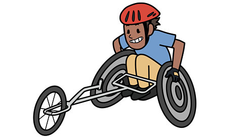 A boy wearing a helmet and gloves in a racing wheelchair