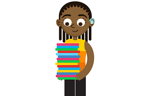 An illustration of a young deaf girl carrying a large pile of multi coloured books. 