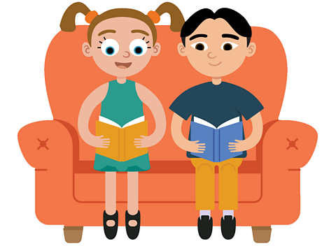 Two children, a boy and a girl, sat reading on an orange sofa. 