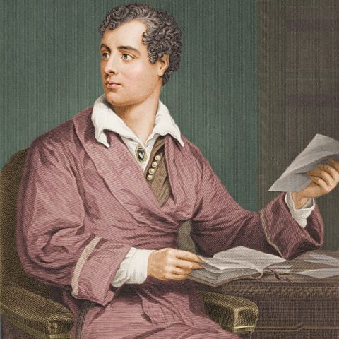 A painting of a man with dark curly hair sitting down, holding a letter and a notebook, looking to the left.
