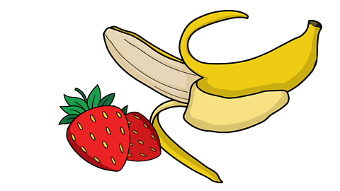 An illustration of two strawberries and a half peeled banana