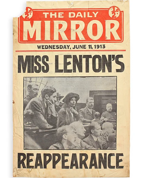 Bonhams/ Votes for Women: The Lesley Mees Collection 2023 A newspaper placard declaring the reappearance of Lilian Lenton, who was wanted by the police (Credit: Bonhams/ Votes for Women: The Lesley Mees Collection 2023)