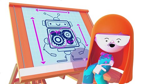 An illustration of a girl sitting at an easel smililng having sketched out the design of a robot.