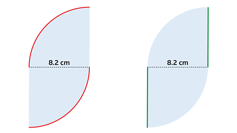 Shape of two quarter circles of radius 8.2cm. Arcs highlighted red