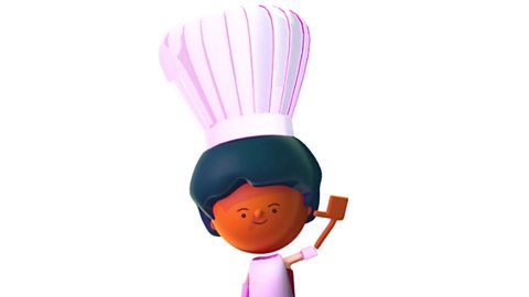 A boy in a chef's hat waving