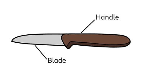 An illustrated paring knife with a brown handle. Lines and labels mark the blade and handle