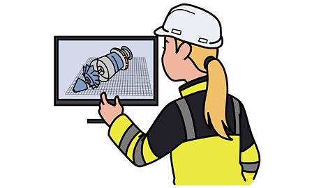 Woman in hard hat and hi viz working at a computer terminal with a design for a machine part on screen