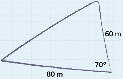 Sketch of a triangle representing a field - length 80 m, height 60m and angle 70°