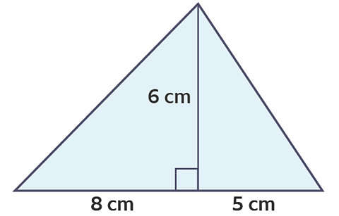 Triangle split into two right angle triangles of width 8cm and 5cm, height 16cm