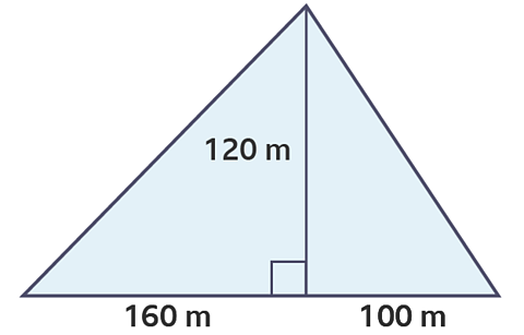 Triangle split into two right angle triangles of width 160m and 100m, height 120m