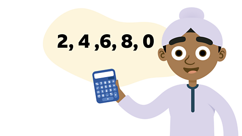 An illustration of a young boy holding a caculator and the multiples of 2 - 2,4,6,8,0