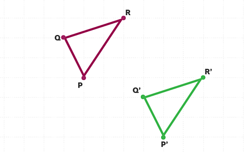 Red triangle labelled P, Q & R - translated to Green triangle labelled P', Q' & R'