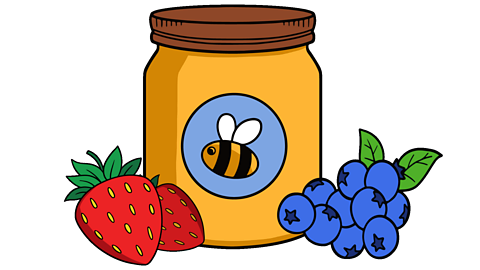 Two strawberries, a jar of honey and a selection of blueberries