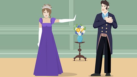 Elizabeth, wearing a purple ball gown holds out her hand angrily to Darcy dressed in a black suit.